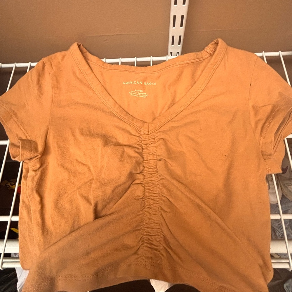 American Eagle Outfitters Orange Ruched Crop T-Shirt